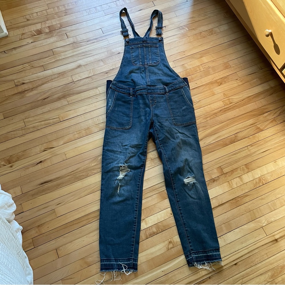 Maternity Indigo Distressed Blue Dark Denim Overalls